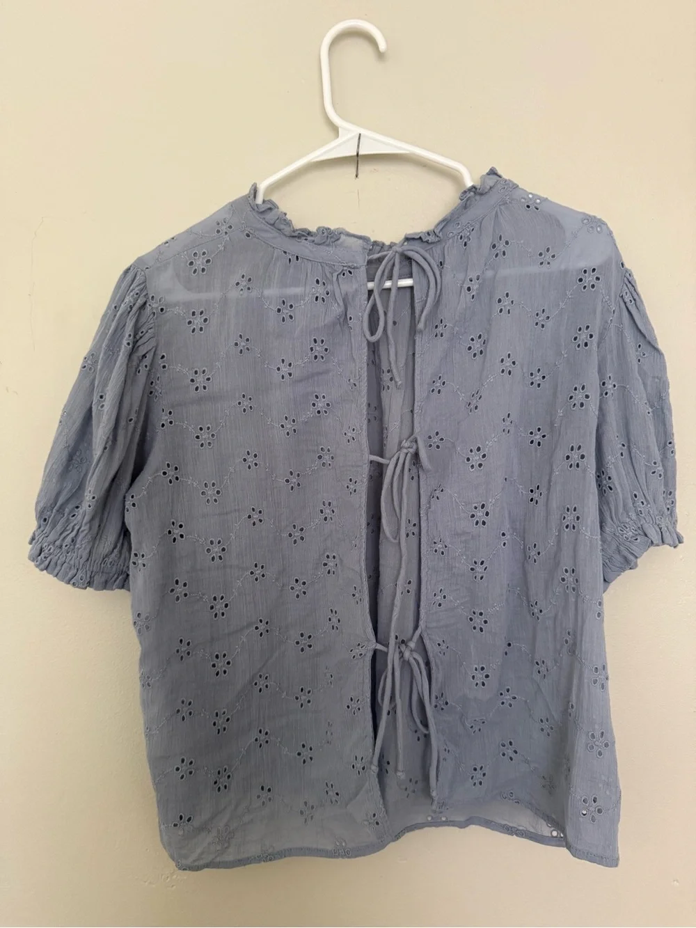 Free People Light Blue Eyelet Ruffle Neck Blouse